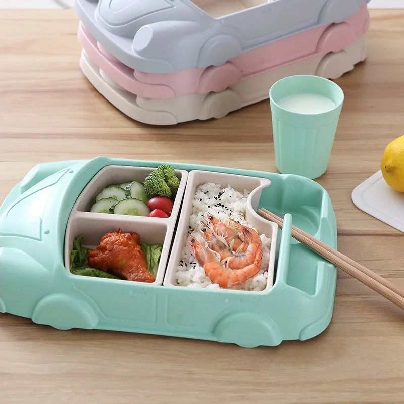 Creative children's car bamboo fiber baby food feeding tray food grade cartoon baby anti fall bowl, partition box, lunch box set
