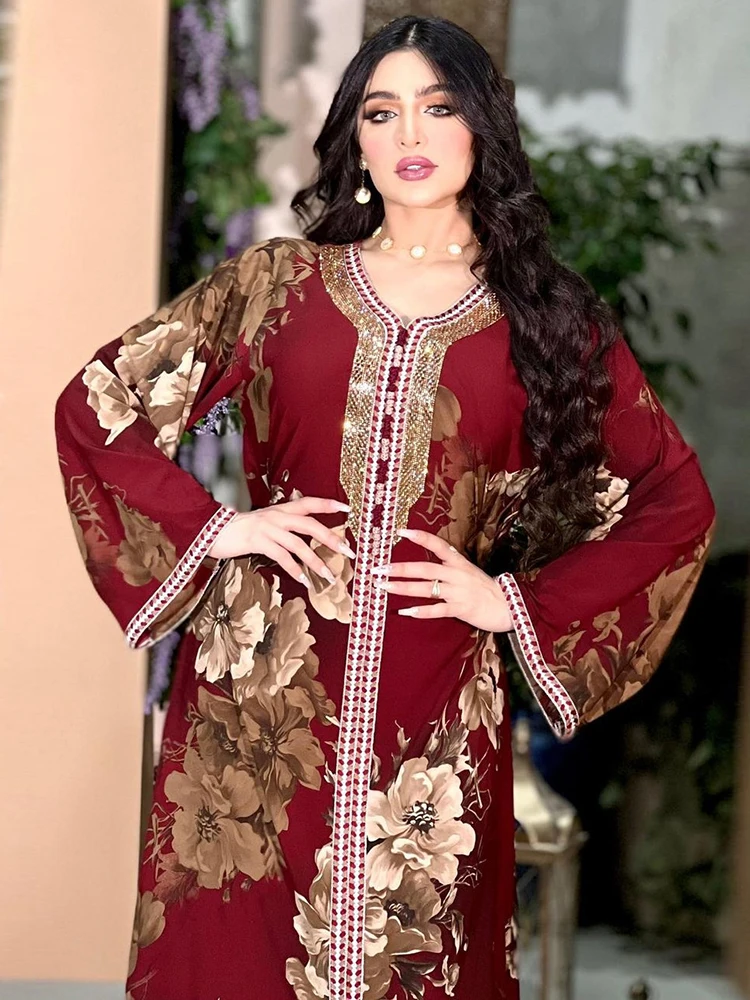 

Abaya Women Floral Print Rhinestone Tape Trim Button Kaftan Casual Loose Party Dresses Galabia Ramadan 2022 Maxi Robes