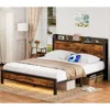 Bed Frame with Charging Station and LED Lights,Industrial Platform Beds Queen Size with Storage Headboard, Bed Frames 2