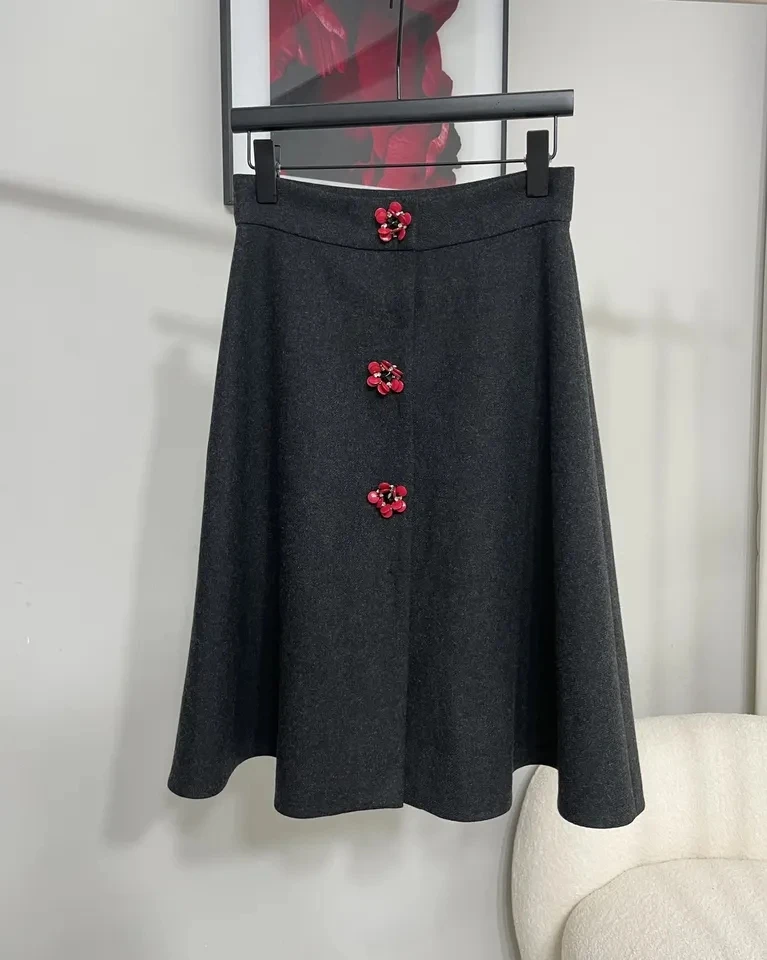 

2024 Spring Autumn New Women High Quality Flower 100% Wool Chic Midi Casual Skirt for Ladies