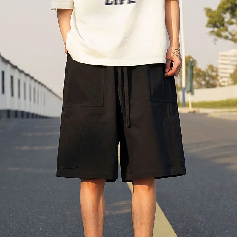 2023 Summer New Fashion Loose Casual Men's Clothing All-match Solid Color Breathable Drawstring Style Trend Straight Shorts