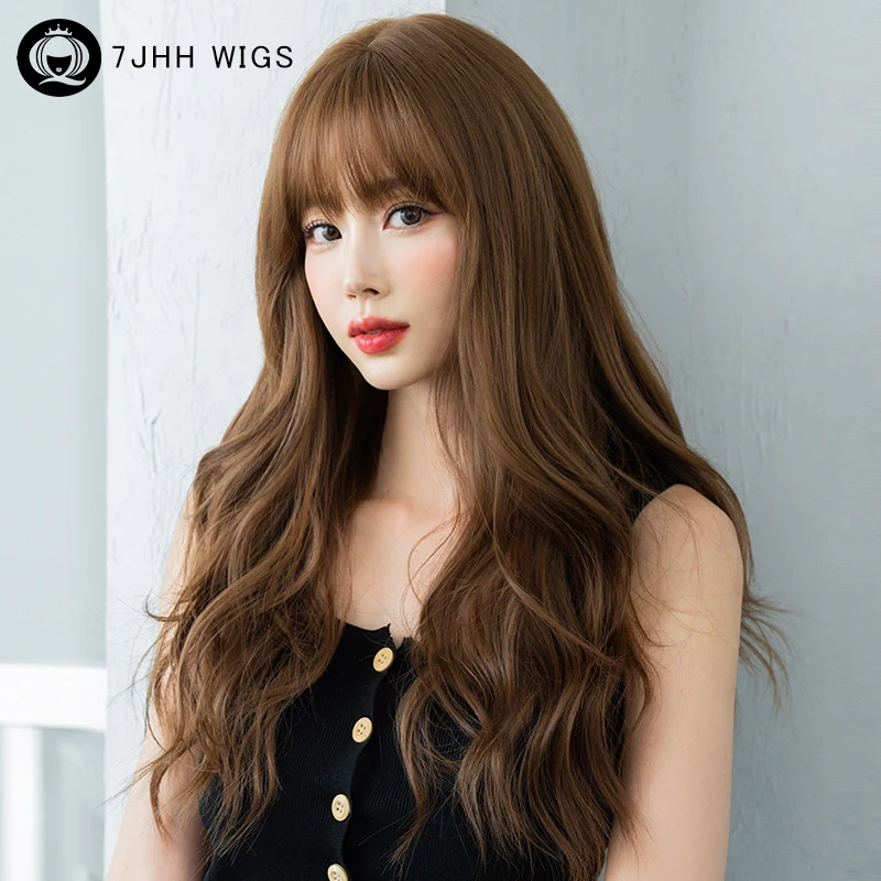 7JHH WIGS Synthetic Honey Blonde Wig for Women Daily Use High Density Long Body Wavy Brown Wigs with Bangs Beginner Friendly long wavy ombre brown to light blonde natural wigs with bangs heat resistant wigs for afro women cosplay synthetic hair wigs