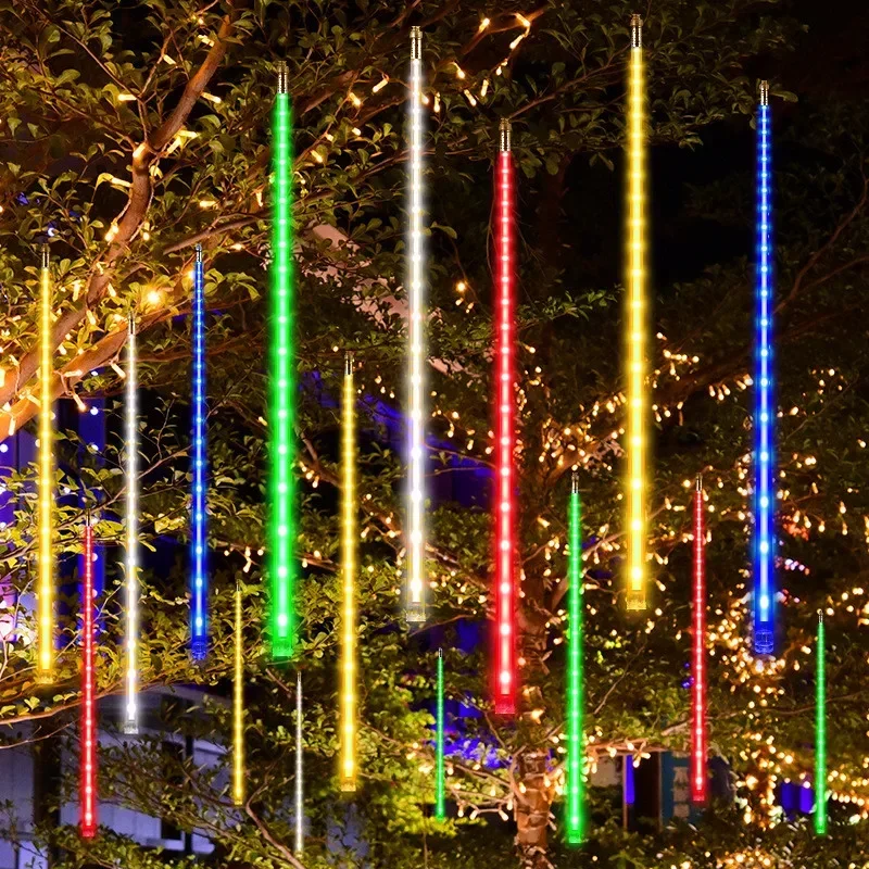 thumbnail image 1 of Juego de 1/2/3/4 luces de cadena con forma de lluvia de meteoritos, guirnaldas de hadas para la calle, decoraciones para árboles de Navidad para exteriores, luces de jardín para Año Nuevo, 1 of 5