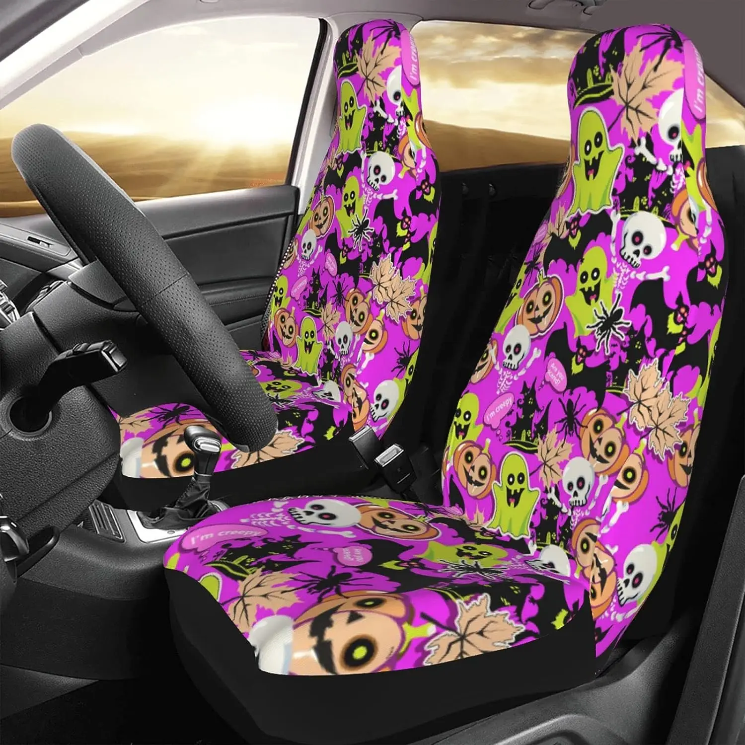 

Halloween Car Seat Covers Front Seats Only Cute Spooky Cartoon Bat Ghost Skull Halloween Interior Seat Cover Universal Car Suvs