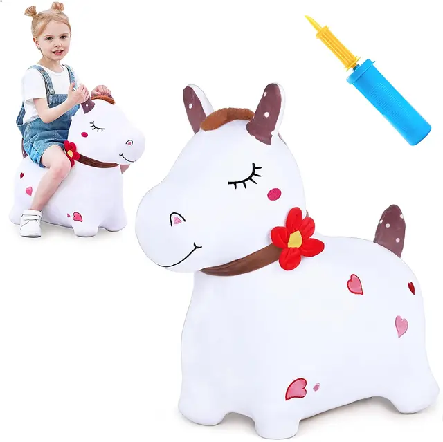 iPlay iLearn White Hopping Horse Inflatable Bouncing Animal Hopper Toy Plush Ride on Bouncer Birthday Gift for Kid Toddler 1