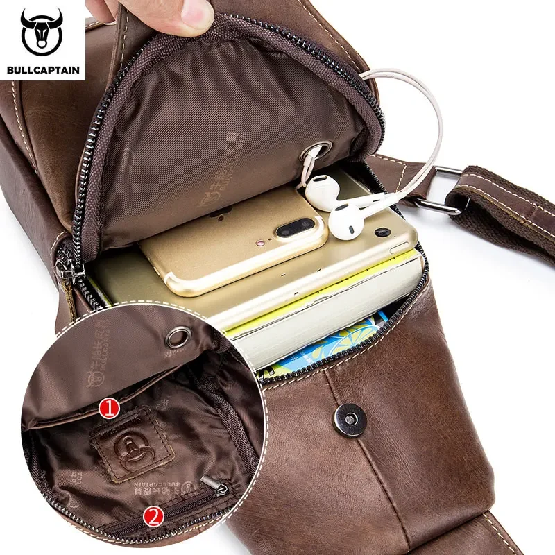 Bullcaptain Lederen Messenger Bags Heren Casual Tas Voor Heren Borsttas Merk Designer Multifunctionele Hoofdtelefoon Jack Borst Pack