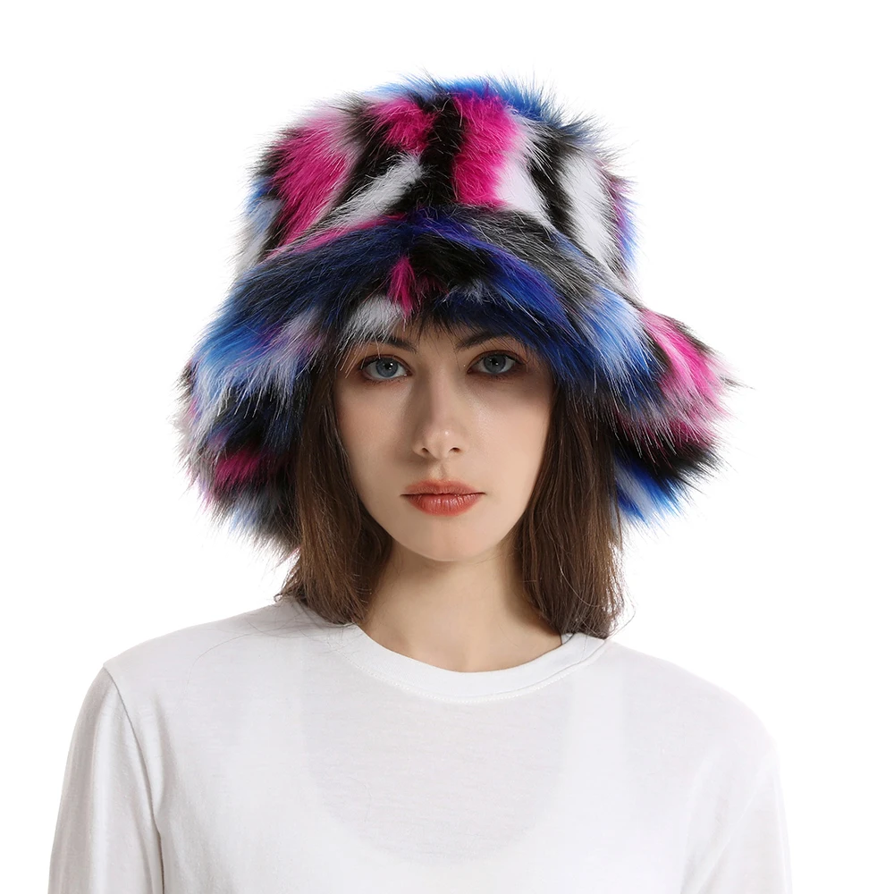 Winter Warm Faux Fur Bucket Hats For Women Outdoor Caps Soft Fleece Fisherman Cap Fluffy Earwarmer Ski Vacation Hats