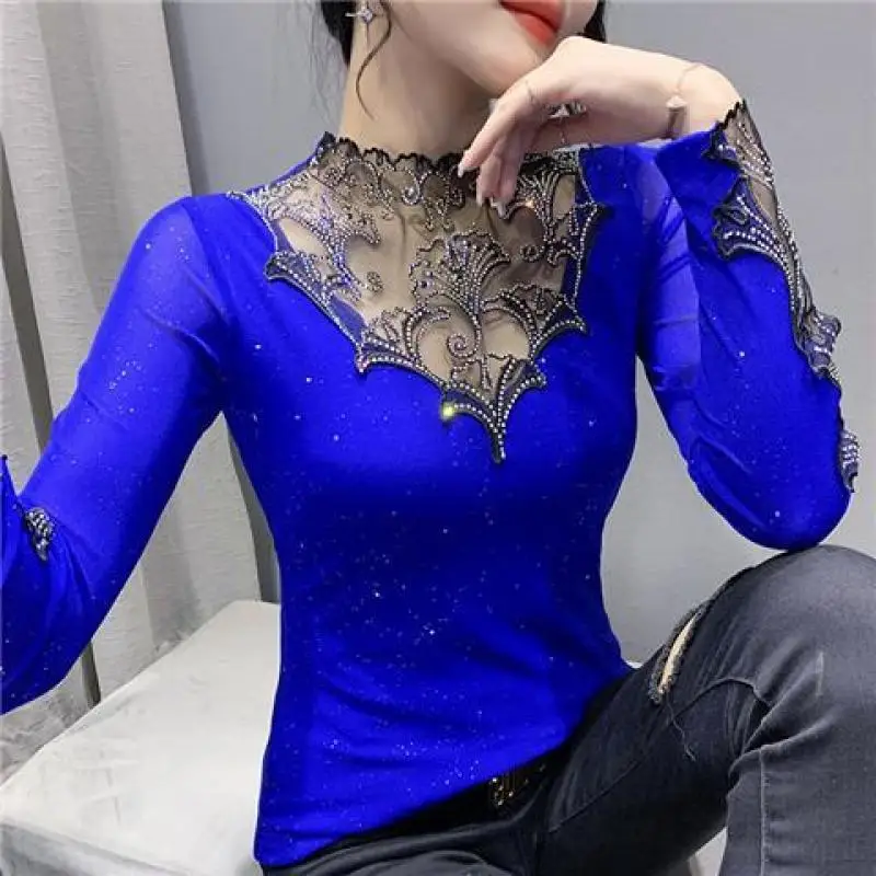 

Spring Autumn New Women's Solid Color Half High Collar Diamonds Sequined Gauze Spliced Long Sleeve Fashion Casual T-shirt Tops