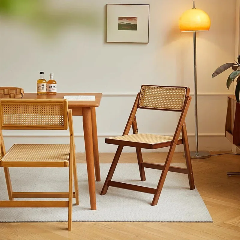 Dining Chair Folding Rattan Household Nanzhu Solid Wood Stool Backrest Dining Chair Sillas Para Comedor Scandinavian Furniture