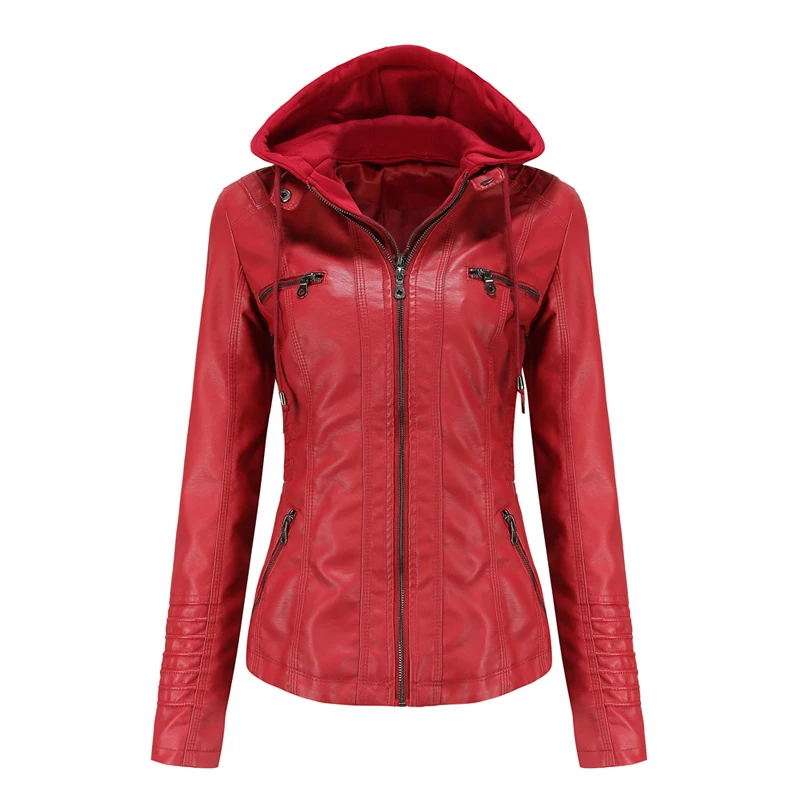 Spring Women Hooded Casual Leather Clothing Outdoor Windproof PU Leather Top Fashion Slim Motorcycle Wear Women\'s Clothing