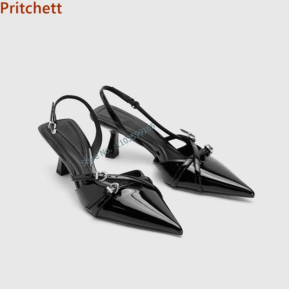 

Patent Leather Solid Sandals Belt Decoration Pointy Toe Kitten Heels Black Women's Sandals Summer British Style Fashion Shoes