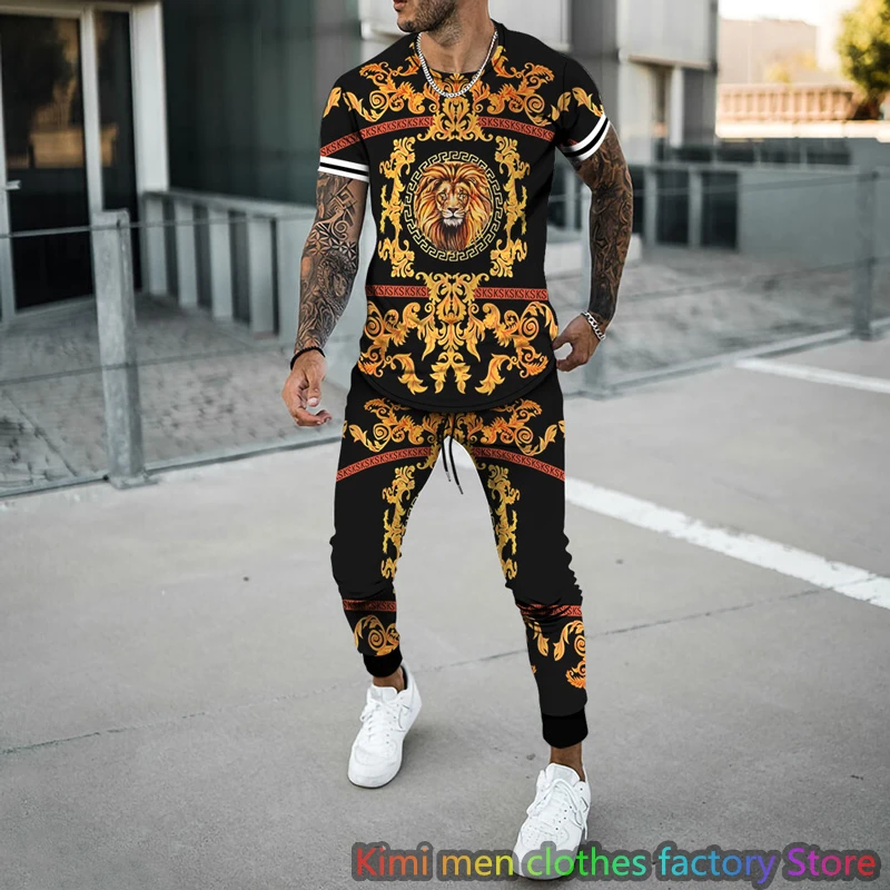 Cute animal 3D Print Men tshirt set Summer Streetswear Tracksuits Male Short Sleeve T Shirt Long Pants 2 Piece Sets Casual Setup