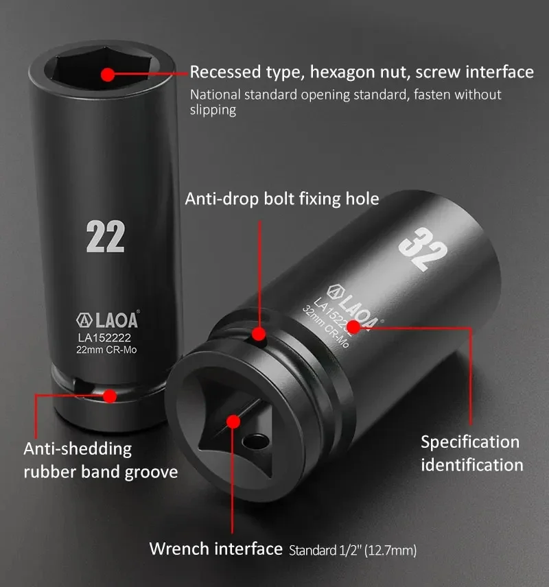 LAOA 1/2 Zoll Kopf, verwendet auf Ratschenschlüssel, Bohr-Drehmomentschlüssel, 17–32 mm Innensechskantschlüssel, tiefe Hülse für pneumatisches Elektrowerkzeug – Detail 4