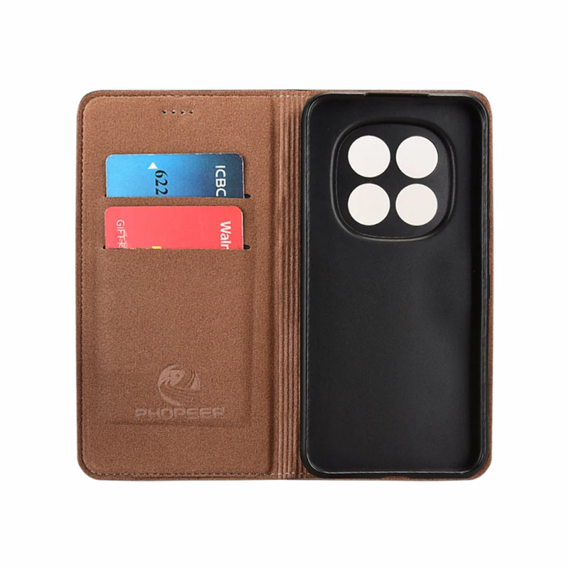 Genuine Leather Flip Case with Magnetic Book Cover and Card Pocket - Cowhide Grid Pattern Wallet Case