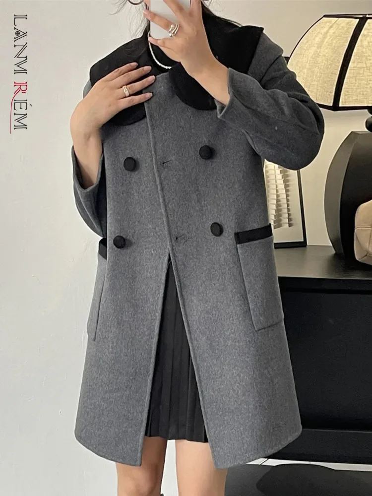 

[LANMREM] Contrast Color Woolen Outwear For Women Double Breasted Long Sleeve Female Coats Office Lady Tops 2023 Winter New