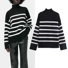 Fashion elegant high neck loose striped black women Sweater pullover 2021 Autumn new Sweater street chic youth women Sweater