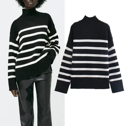 Fashion elegant high neck loose striped black women Sweater pullover 2021 Autumn new Sweater street chic youth women Sweater