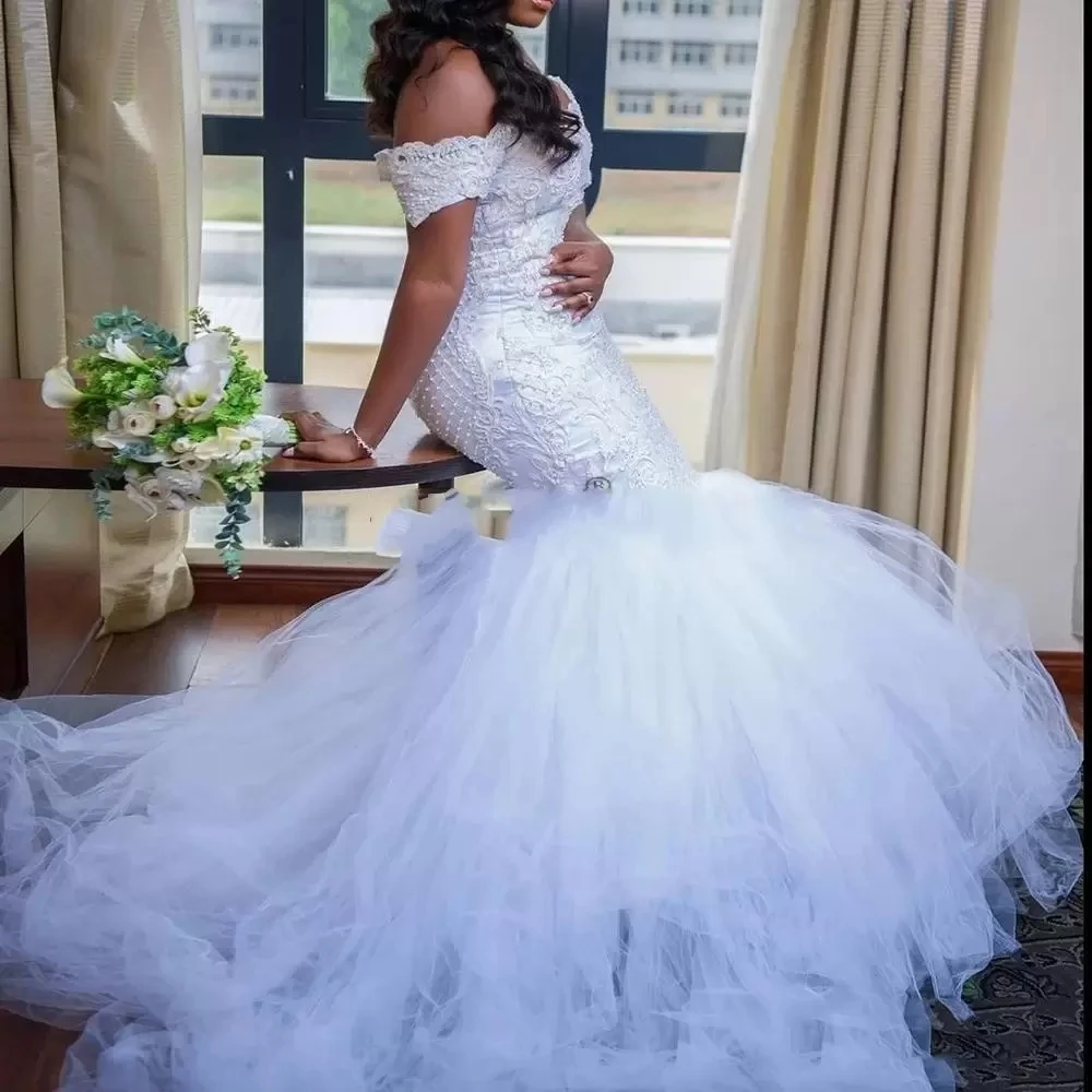 

Vintage Arabic African Mermaid Sexy Wedding Dresses Bridal Gowns Plus Size Off Shoulder Lace Appliques Crystal Beaded Pearls