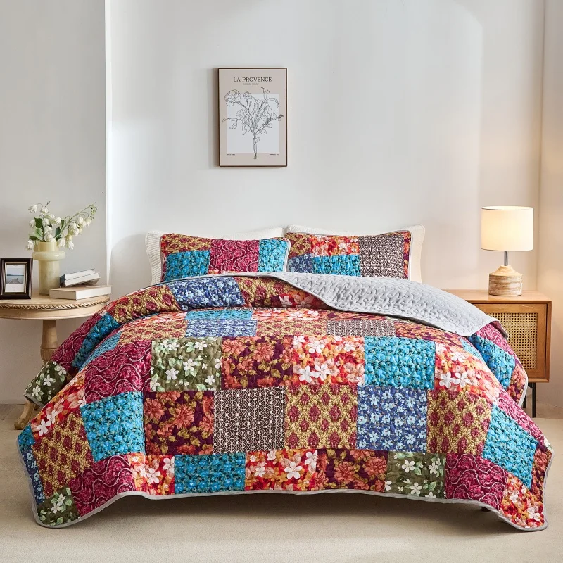 Juego de colcha acolchada Retro, funda de cama roja de microfibra