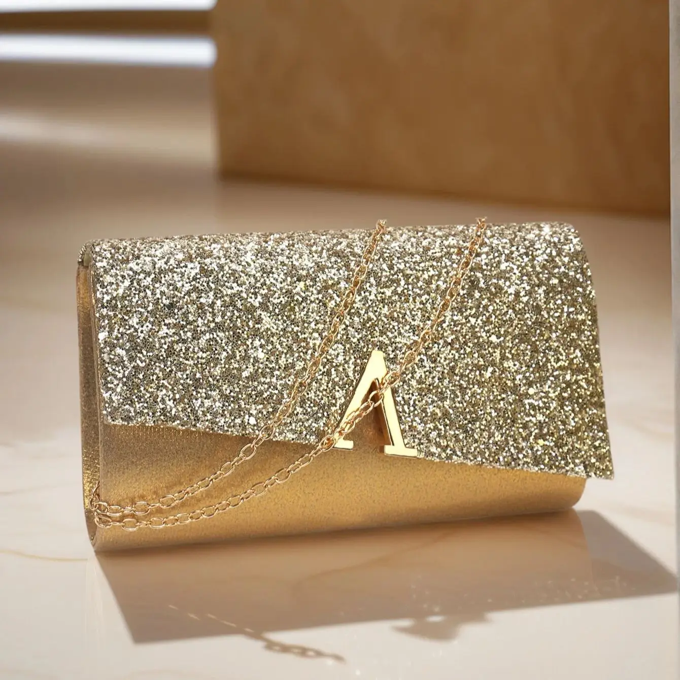 Metal Chain Evening Bags Envelope Shaped Sequins Handbags For Women