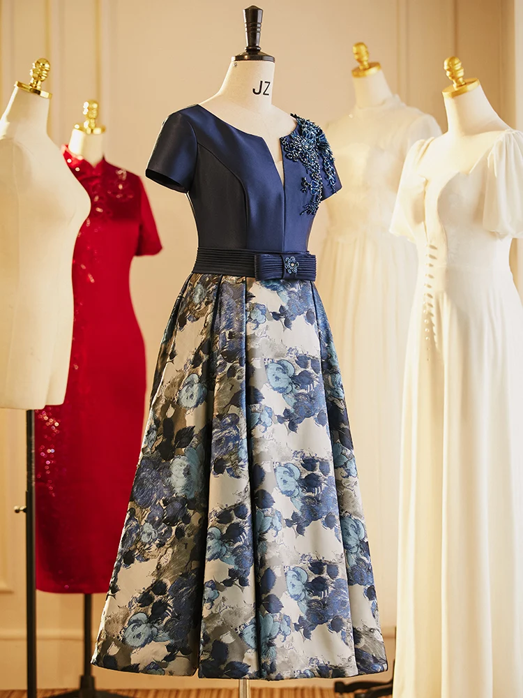 Mother Bride Dresses Navy Blue Printed Satin Scoop Neck A-Line Tea-Length Midi Women Wedding Party Gowns