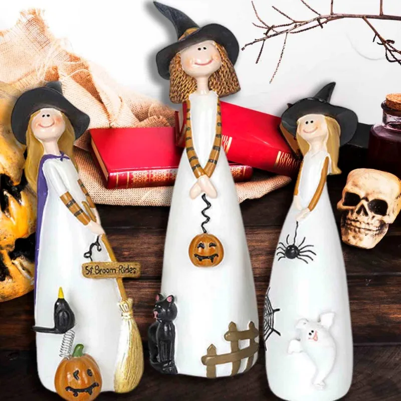 

Halloween Decoration Witch Elf Sculpture Figurines Resin Art Statues Medieval Retro Ornaments Dark Table Accessories Room Decor