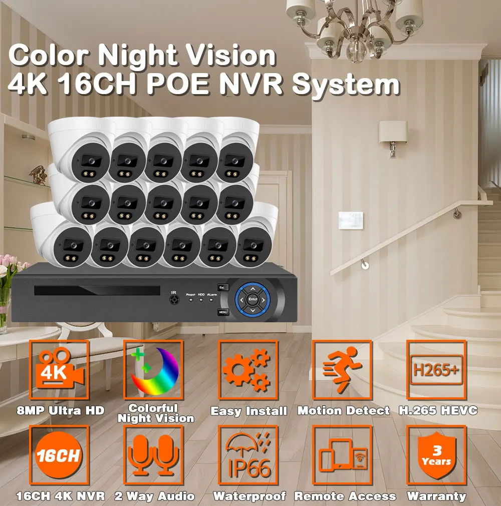 S08d52de6a3604df59834f5e74b0b6502Y 16CH 4K POE NVR System 8MP HD POE Security IP Camera Color Night Vision Human Detect Remote Access Smart Video Surveillance Kit