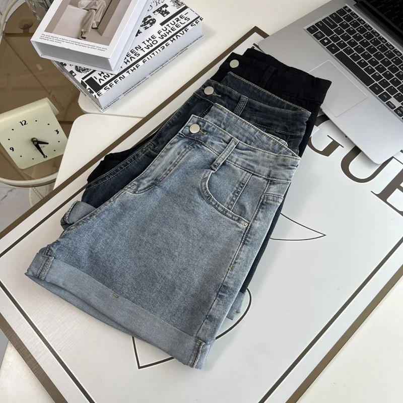 Summer New Plus Size Jeans Women's Wear 100KG Casual high-waisted rolled-up Denim Shorts Hot Pants 6318