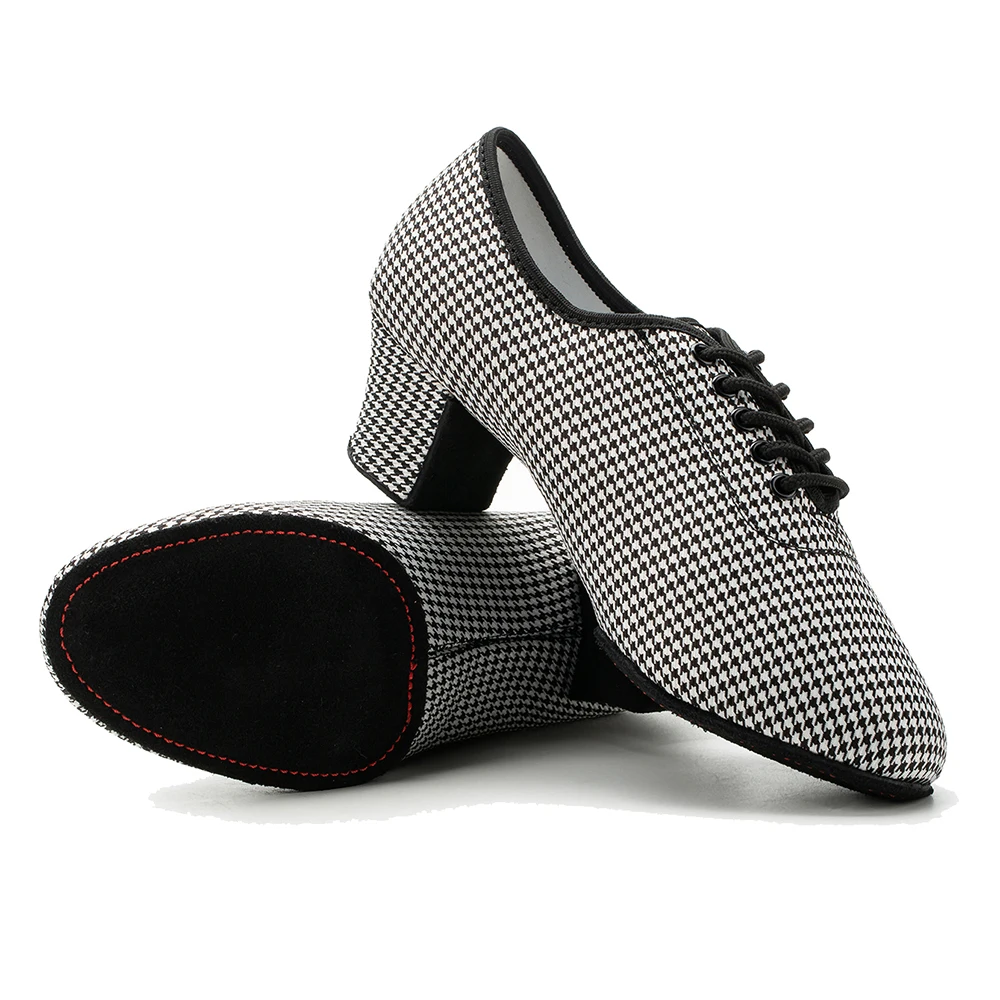 Women  Latin Ballroom Dance Shoes Medium High Heel Soft Sole Breathable Oxford Cloth Houndstooth Dance Shoes 6