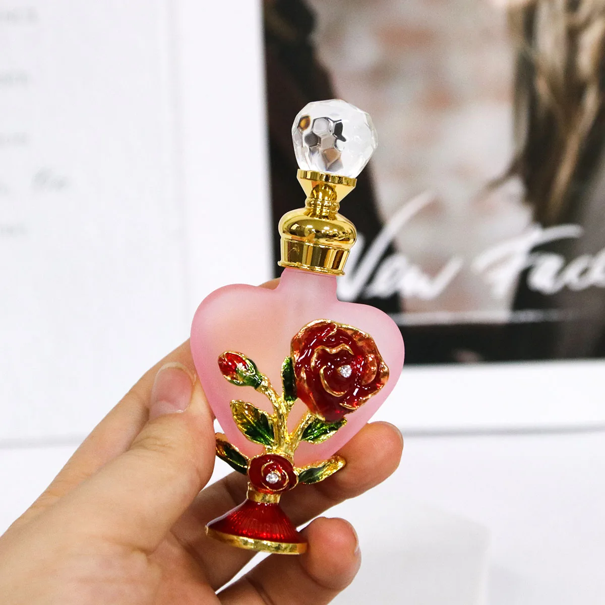 10ml Luxury Rose Flower Glass Bottle with Metal Copper Cap and Stainless Steel Insert –... - SKU PBGS2000 - UGI Packaging