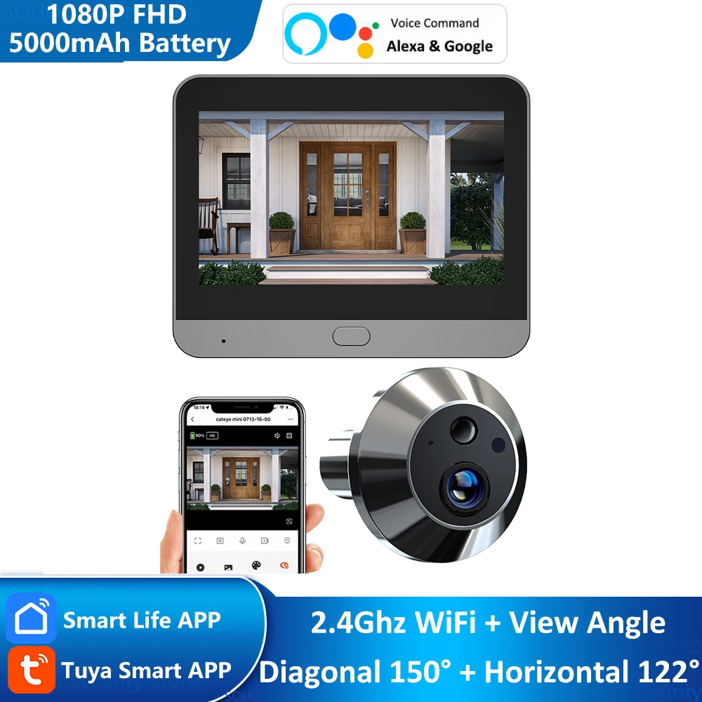 Tuya Smart 3MP 140° Wide View Angle Mini Digital Peephole Eye Viewer WiFi IR PIR Detection Doorbell Door Camera Alexa Google