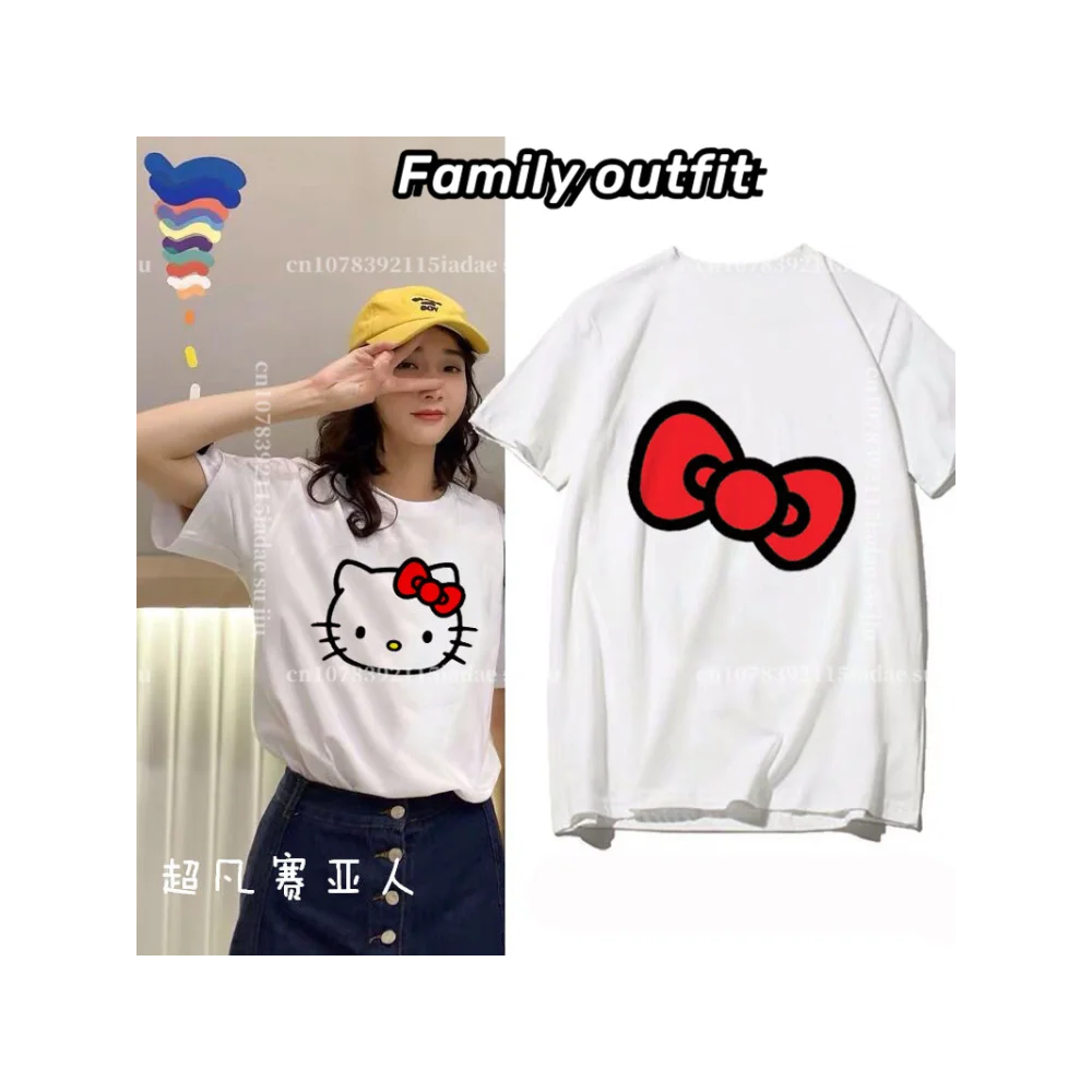 

Hello Kitty T-shirt Men T-shirt Women Fashion Trend Brand Loose Tee Short Sleeve Cartoon KT Cat Children's T-Shirt Couple 2024