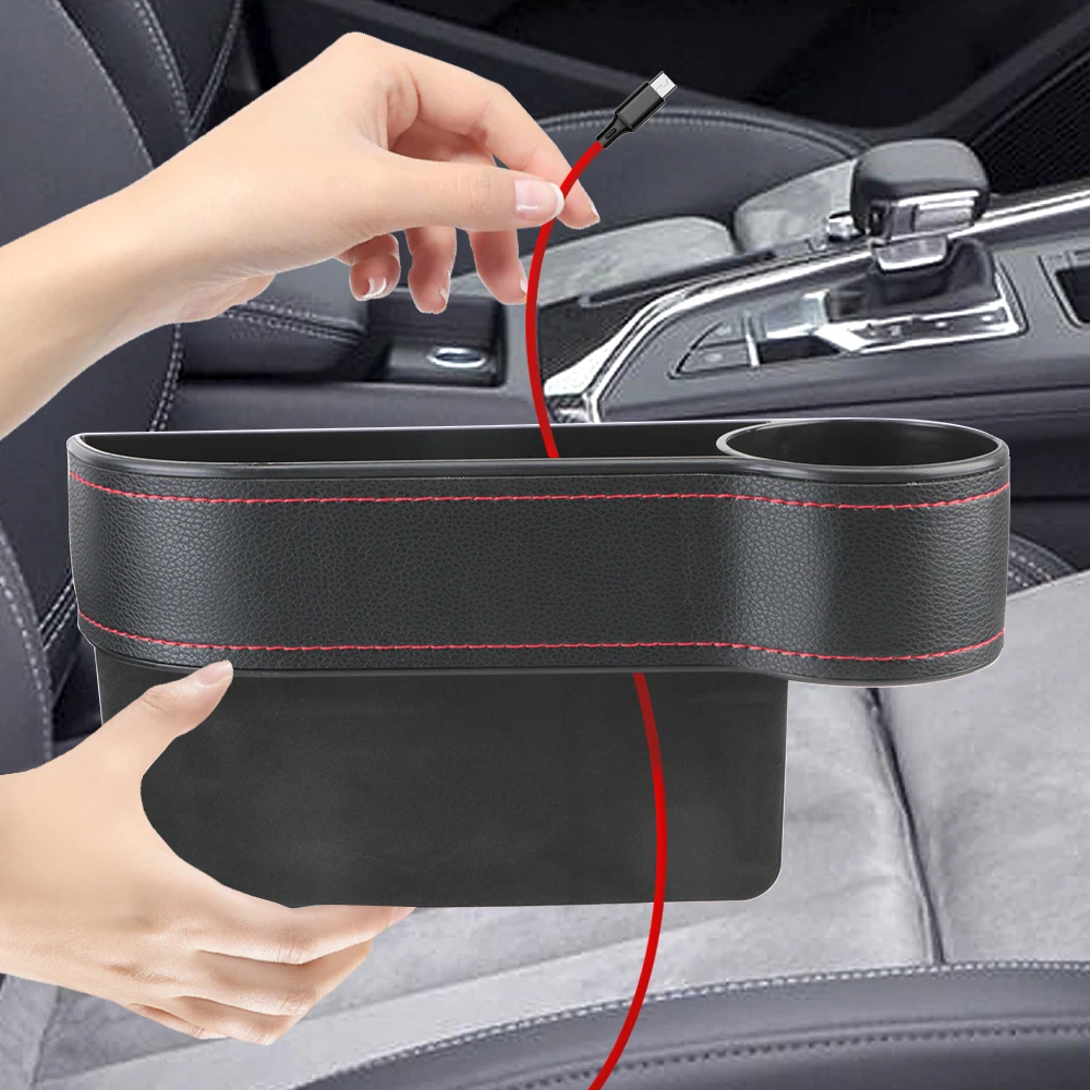 Universal Seat Gap Slit Box With Charging Hole Phone Bottle Keys Holder Box Leather Car Seat Gap Storage Car Organizer