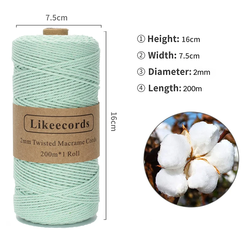 Macrame Cord 2mmx200m Cotton Twine String Cord Natural White Cotton Rope Craft String for Knitting Plant Hangers Bag