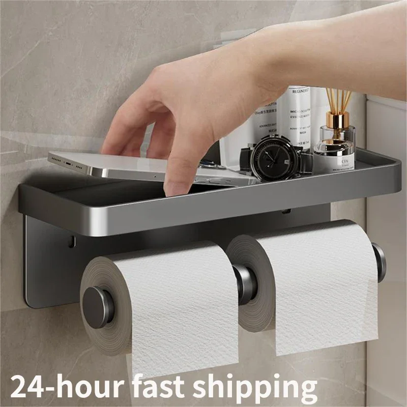 Toilet Paper Holder Wall-Mounted Double layer Paper Roll Holder With Storage Tray Organizer Phone Stand Bathroom Accessories toilet paper holder