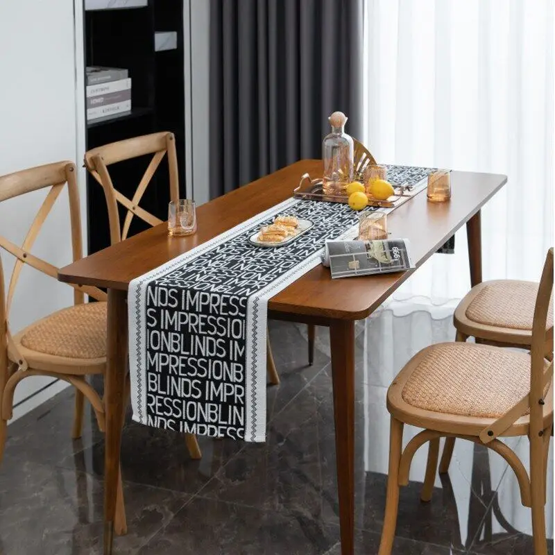 

Moden Black White Letter Jacquard Table Runner Tea Table Tv Cabinet For Dining Table Wedding Party Christmas Table Runners