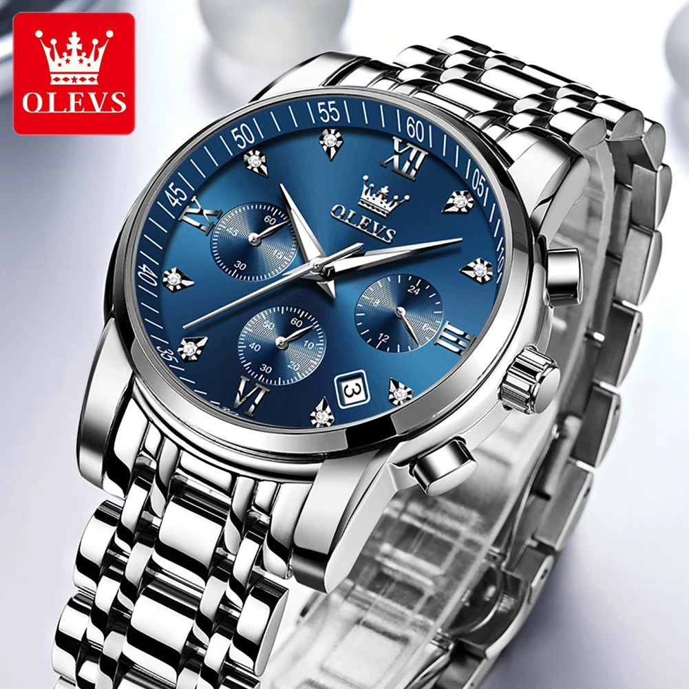 

OLEVS 2858 Silver Stainless Steel Watch for Men Fashion Luminous Calendar Waterproof Men Watches 2023 Luxury Quartz Wristwatches