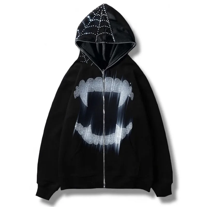 

Y2k Rhinestone Cobweb Zip Up Oversized Sweatshirt 2023 Winter Goth Hoodie Men Women Grunge Hooded Jacket Streetwear Punk Clothes