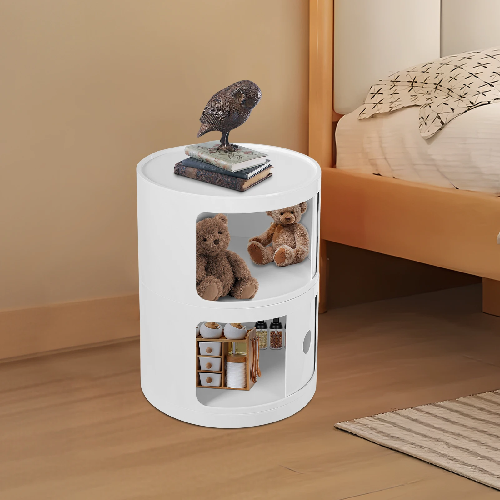 2 Tiers Round Bedside Cabinet Plastic Nightstand Storage Unit Drawers Modern End Table Bedside Table
