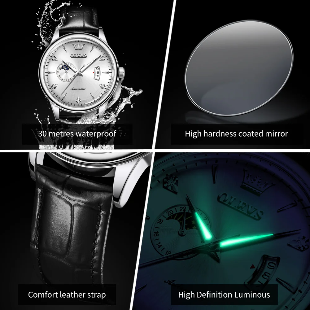 OLEVS Mens Watch Original Brand Mechanical Wristwatch Men Leather Strap Reloj Waterproof Luminous Automatic Date Watches