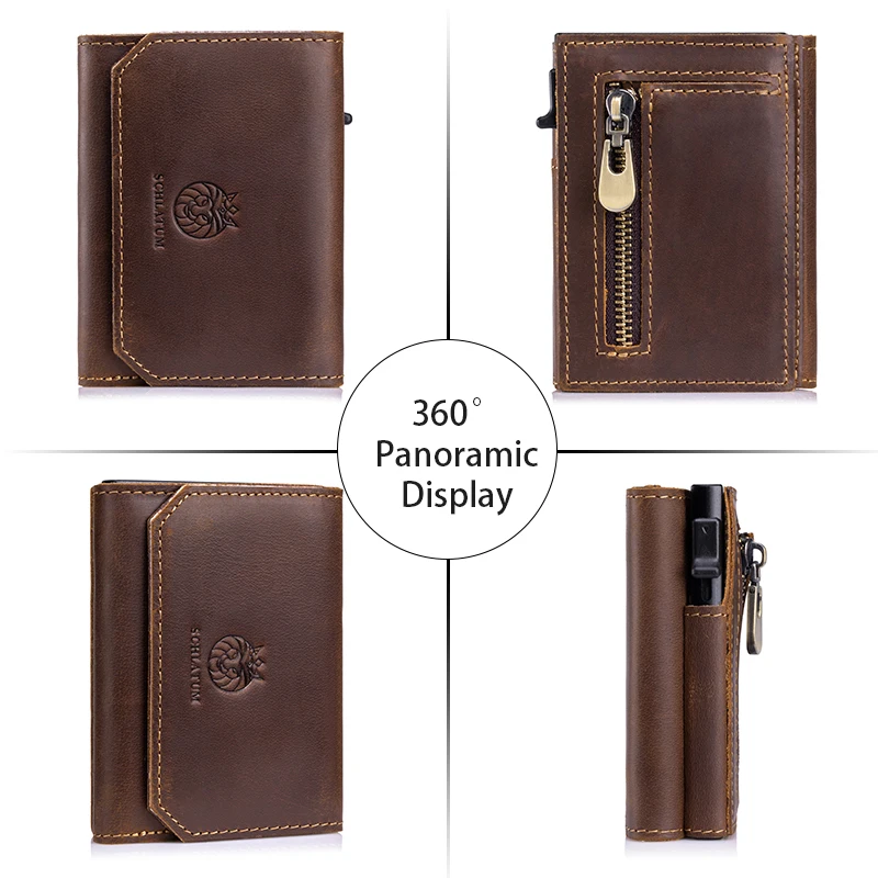 Genuine Leather RFID Blocking Minimalist Smart Wallet with Metal Card Holder