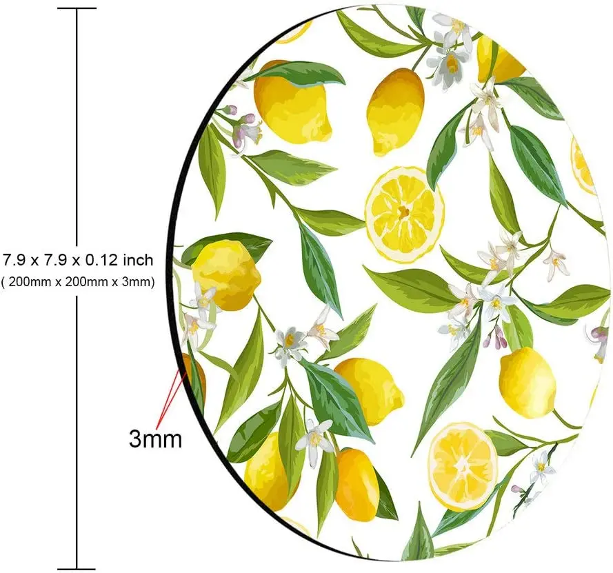 Watercolor Lemon Painting Art Round Mouse Pad Lemon Fruits with Flowers and Leaves Pattern Circular Mouse Pads