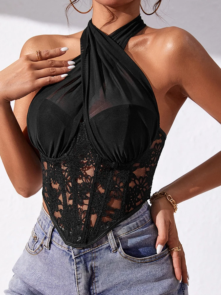 

Tank Tops Fashion Y2K Clothes 2023 Summer Lace Sexy Strapless Crop Corset Top Women Black Elegant Backless Skinny Party