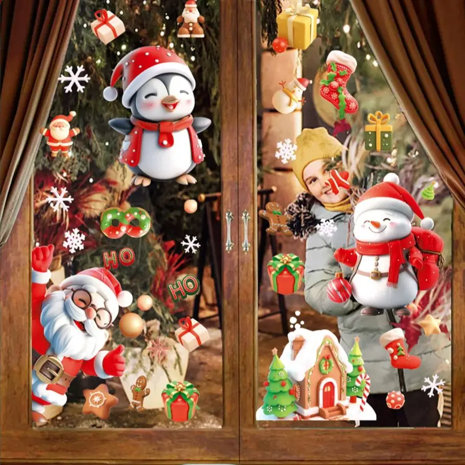 Christmas Window Electrostatic Stickers Snowflakes Reindeer Santa Claus Double Sided Printing Wall Christmas Sticker Decorations