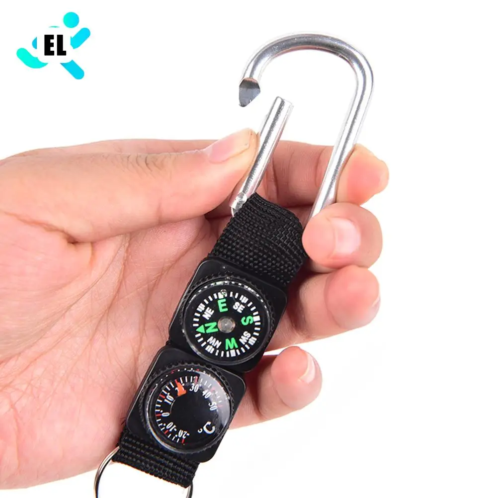 

Black 3 in 1 Camping Climbing Hiking Mini Carabiner w/ Keychain Compass Thermometer hanger Key Ring