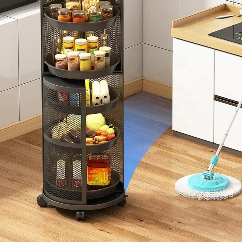 Luxury Kitchen Multifunctional Organizer Storage Vegetable Rack Cabinet Corner Rotatable Shelf With Door Wheeled Mobile Trolley