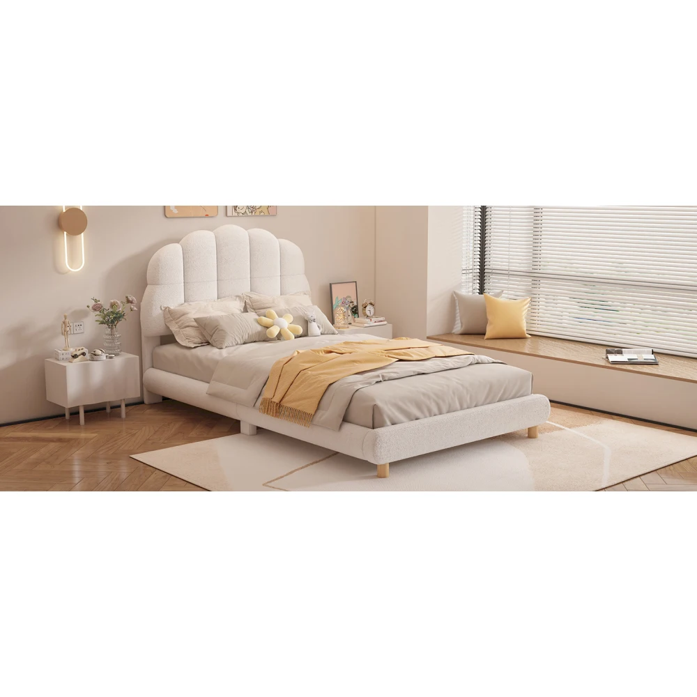 90x200cm White Flat Baby Cot Plush Upholstered Toddler Bed with Cute Headboard Kids Single Bed Frame