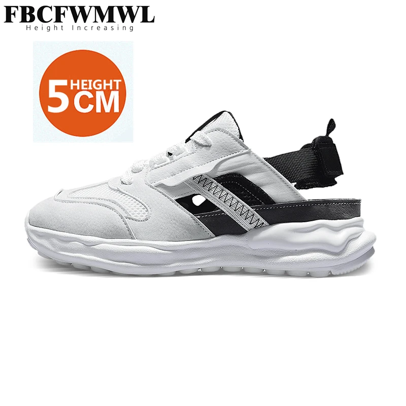 

Black White Height Increasing Sneakers New Cover The Toe Sandals Summer Mesh Breathable Trainers Thick Sole Damping Casual Shoes