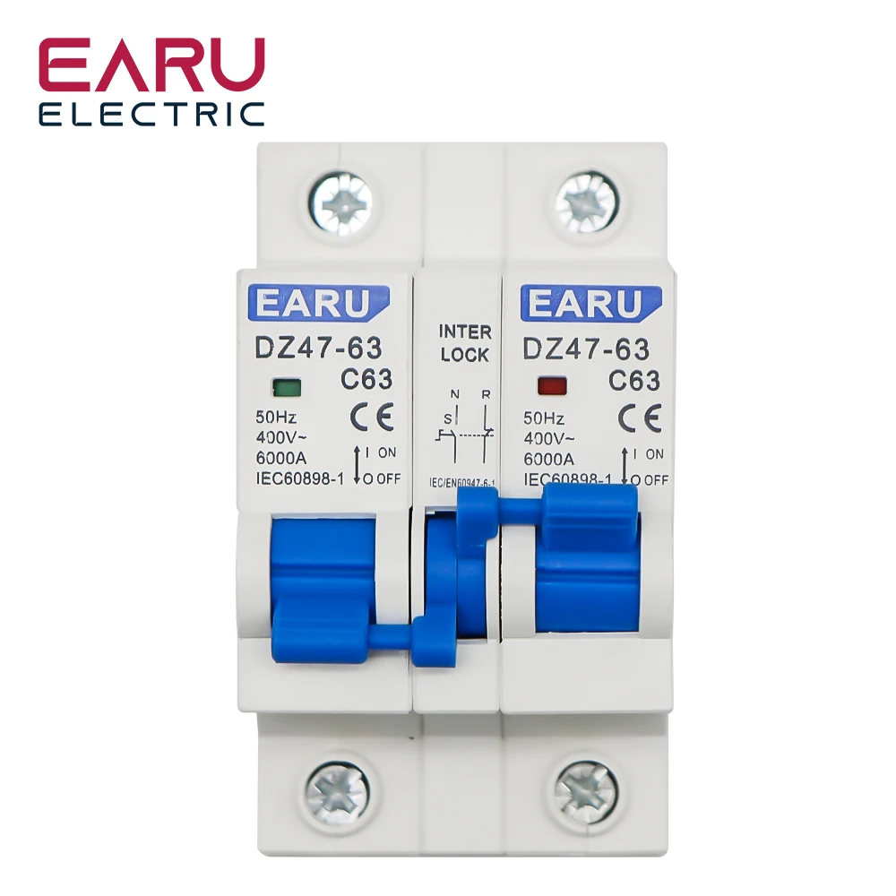 DEWIN overdrachtschakelaar 2-polig, overdrachtschakelaar DIN-rail handmatige overdrachtschakelaar dubbele stroomoverdrachtsisolatieschakelaar 2P 63A AC 230V