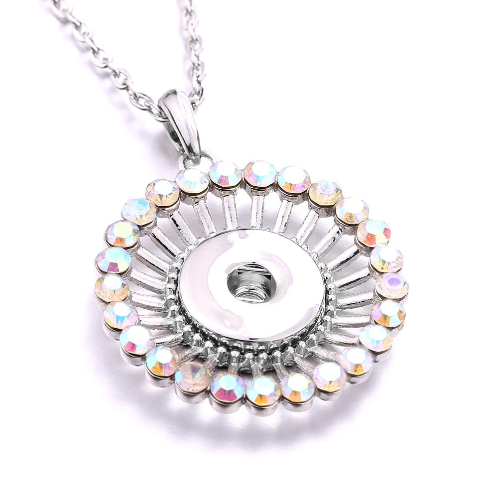 10pcs New Crystal Round Flower Pendants Snap Button Necklace With Steel Chains Snaps Jewelry for Women